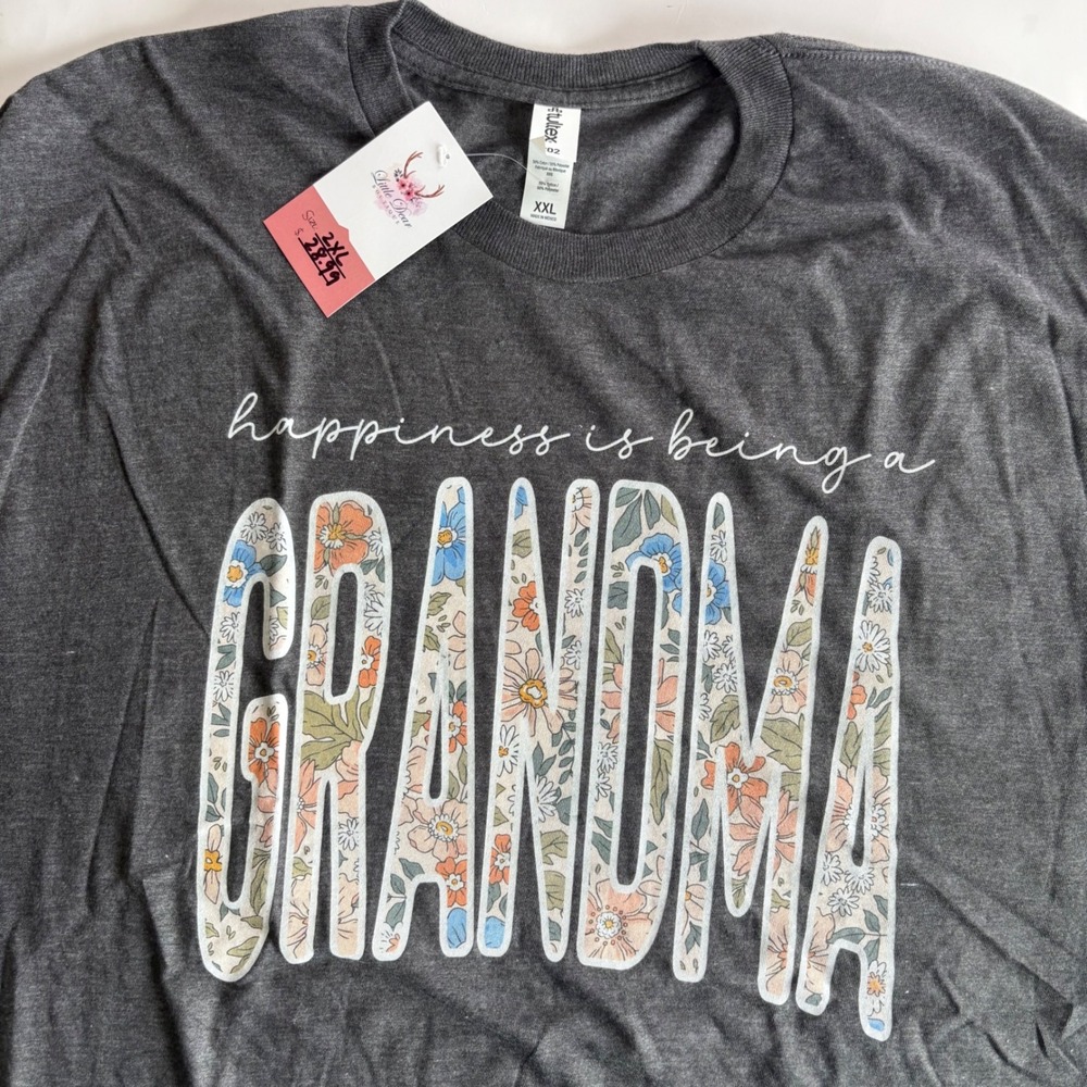 Happiness is being‎ a Grandma Graphic Tee 2XL Heather Gray Floral Print NEW